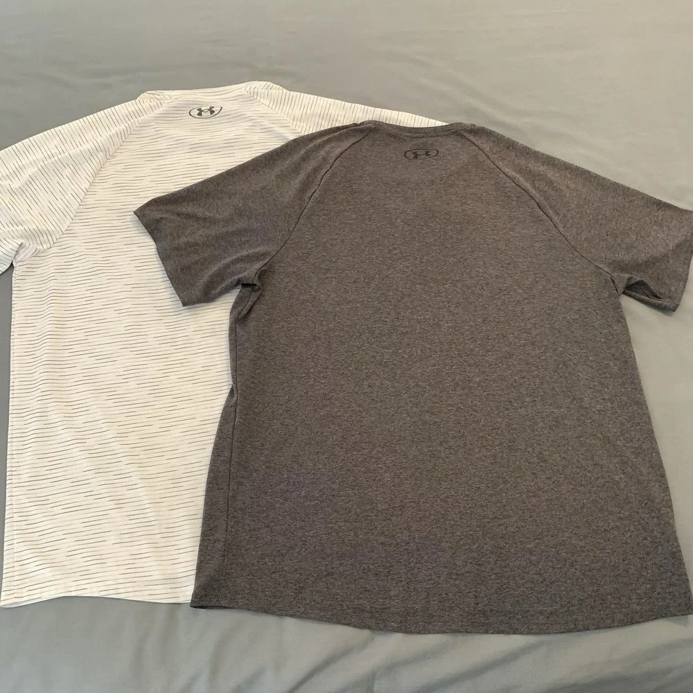 Under Armour Shirt Lot 2 Mens Large Gray White Tech Tee Active T-Shirt Gym